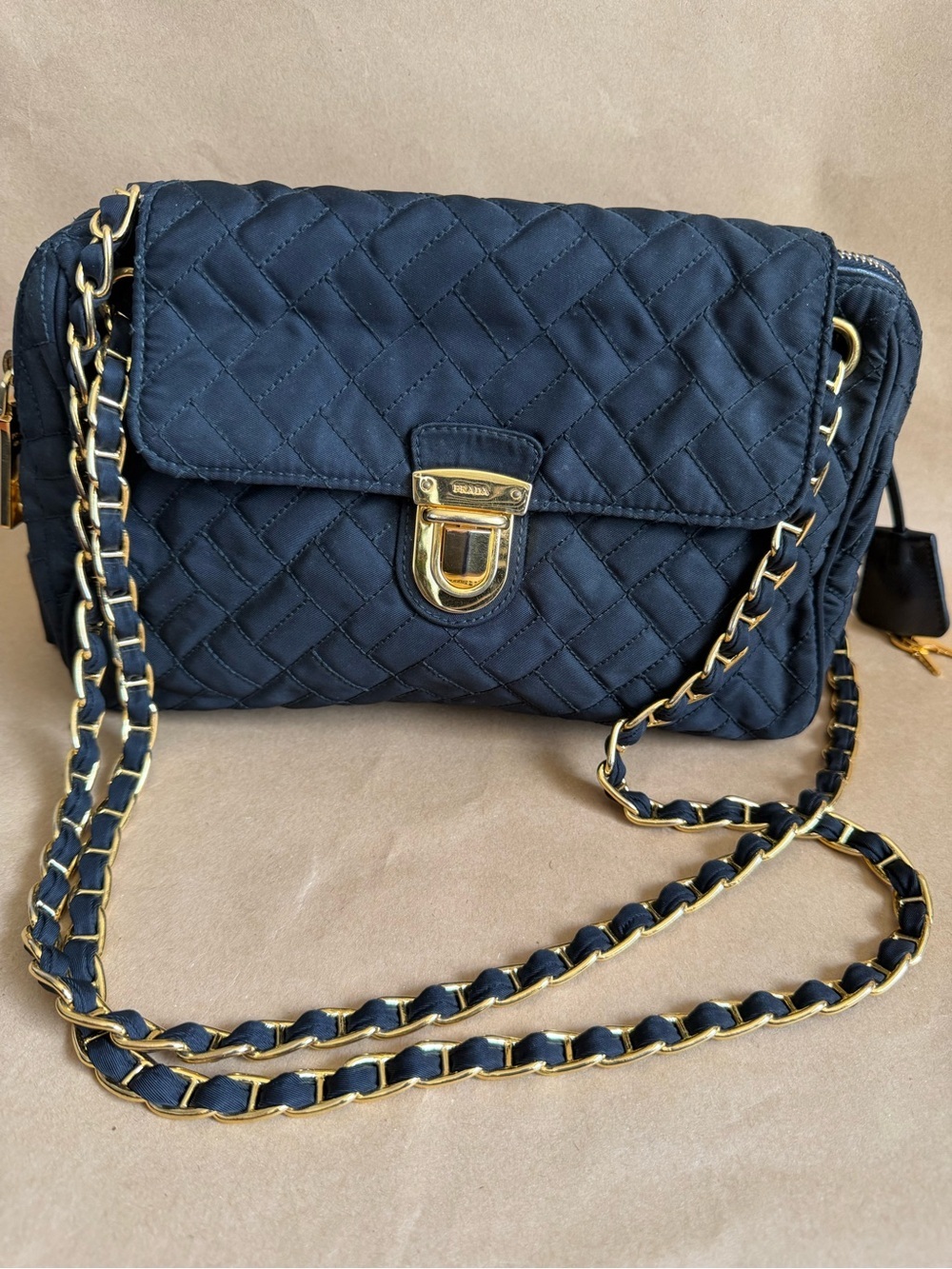 Prada Vintage Tessuto Quilted Black and Gold Nylon Bag